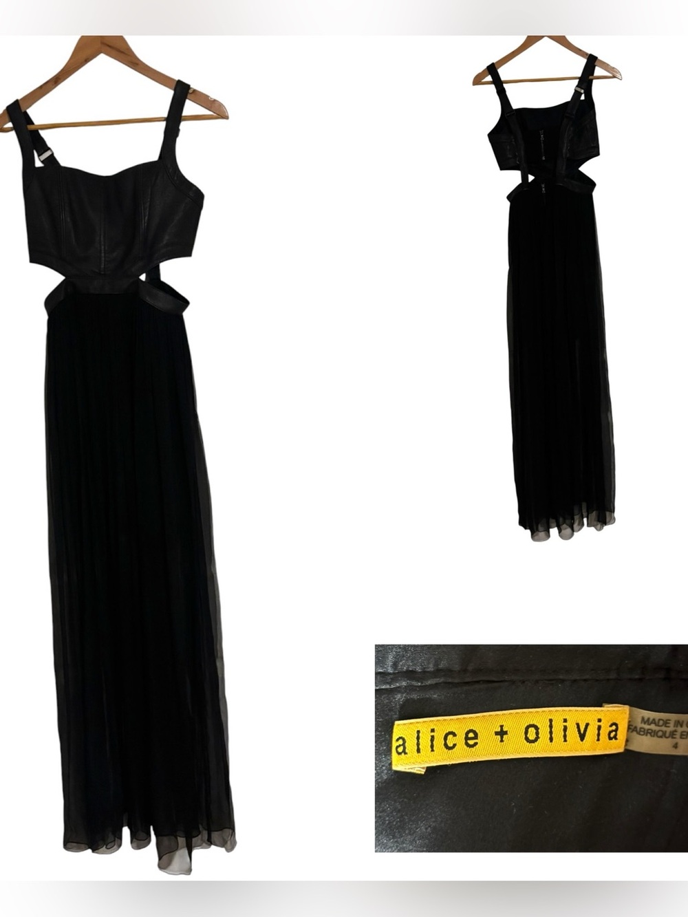 Alice + Olivia Leather and Silk Cutout Maxi Dress